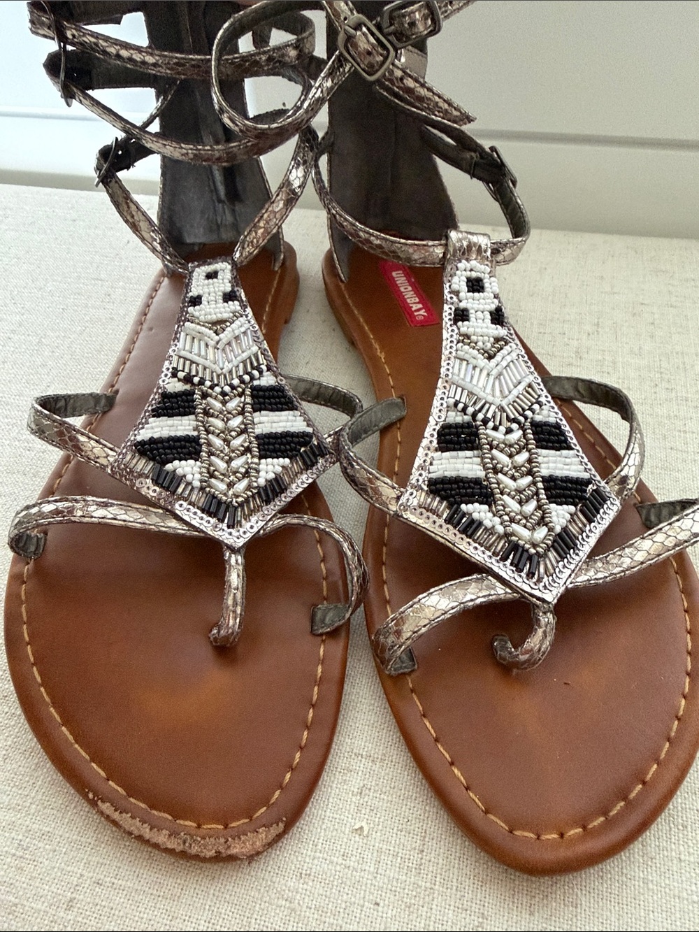 Beaded Gladiator Sandals - Metallic Silver and Black